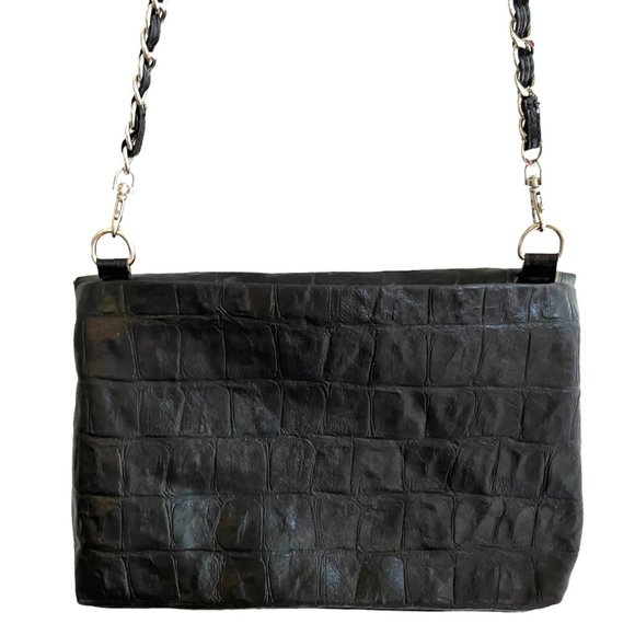 Nicole Miller Black Embossed PVC Leather Croc Zip Crossbody Bag Shoulder Purse - Picture 5 of 15